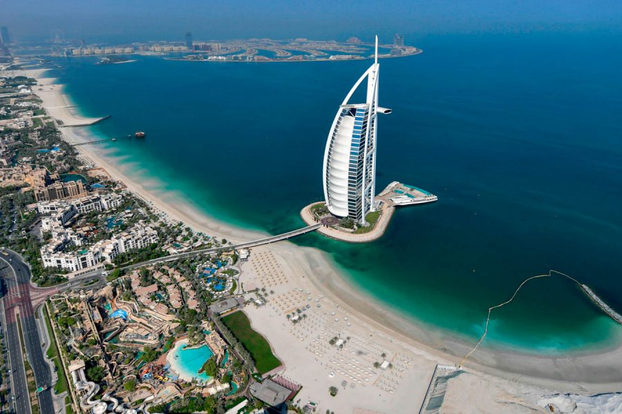 This picture taken on July 8, 2020 shows an aerial view of the Burj al-Arab hotel in the Gulf emirate of Dubai, during a government-organised helicopter tour. (Photo by KARIM SAHIB / AFP) (Photo by KARIM SAHIB/AFP via Getty Images)